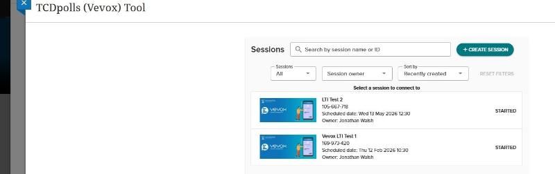 TCDpolls Vevox LTI launch window showing a list of existing sessions, search/filter controls, and a teal
