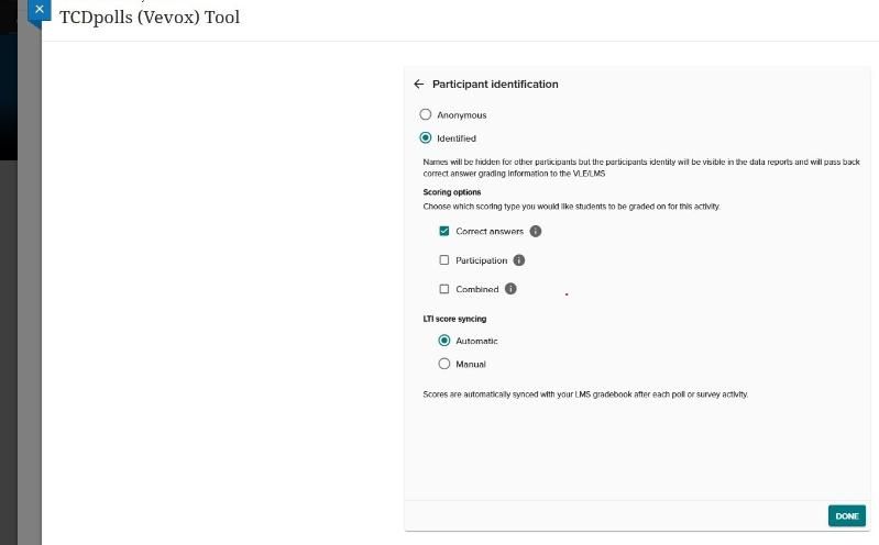 Participant identification settings screen showing radio buttons for Anonymous or Identified mode, checkboxes for scoring options, and automatic or manual LTI score syncing toggles.