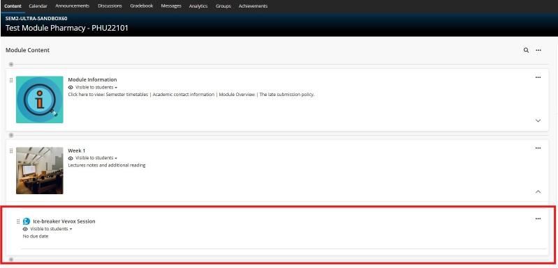 Blackboard Ultra Module Content page showing the newly added item titled