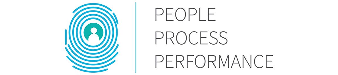 Banner with words People process performance and blue thumbprint logo wth with a peg person sihlouette centred