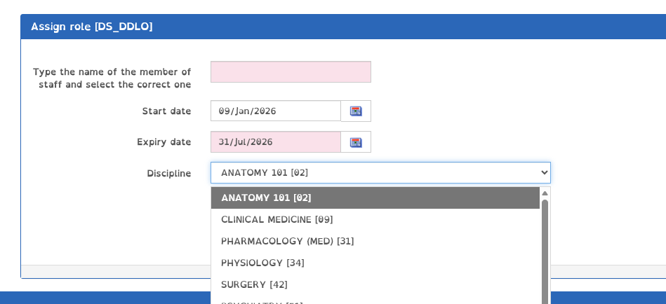 imageof SITS page where a staff member can choose a list of disciplines