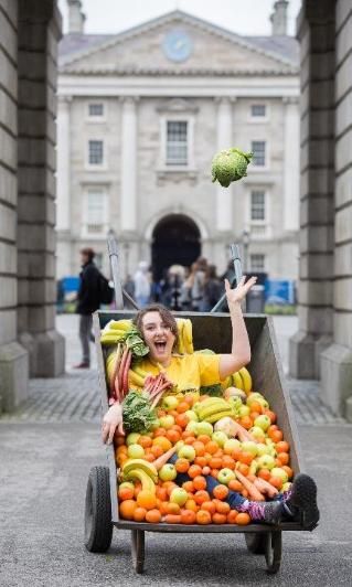 A person in a wheelbarrow with fruit