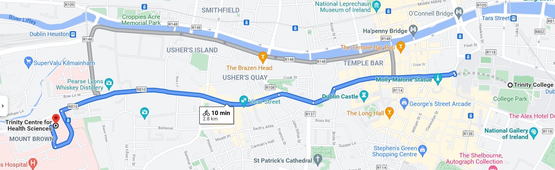 Route from College Green to St. James's Hospital
