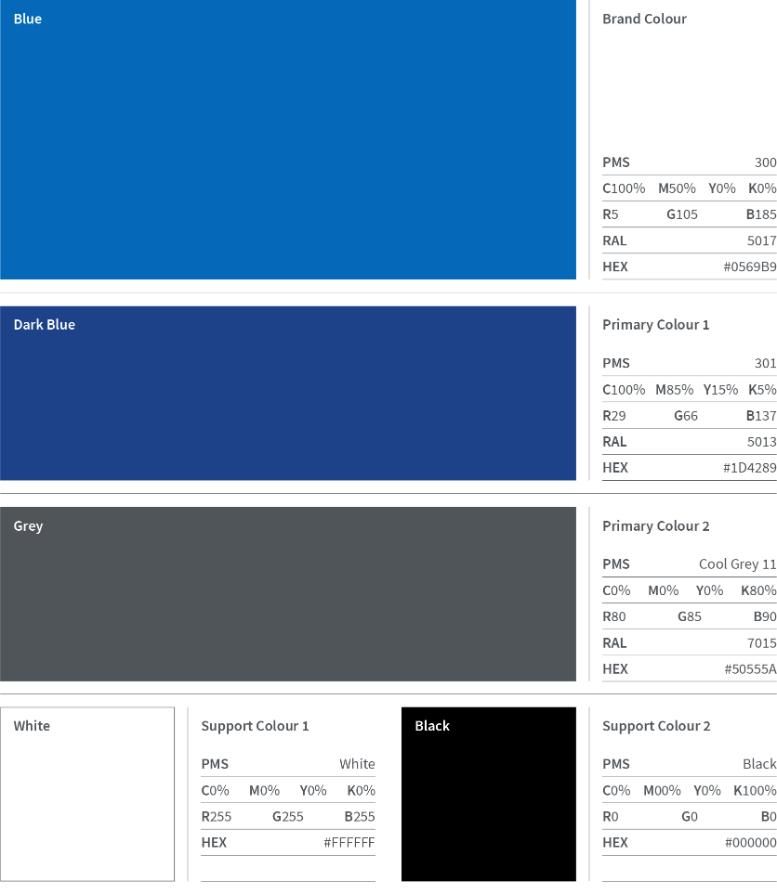 Blue, Navy, Grey, White and Black colour specifications for Trinity College Dublin's brand identity