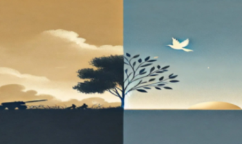 graphic showing a landscape with tank and dove of peace