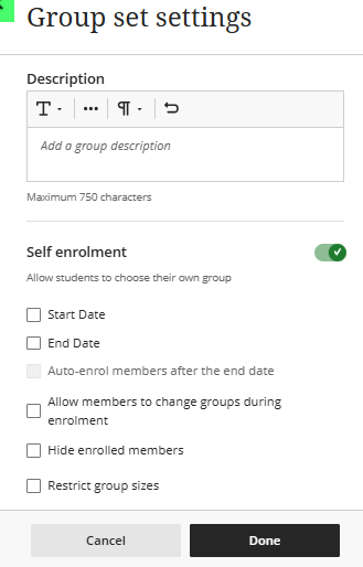 Group set self enrol options