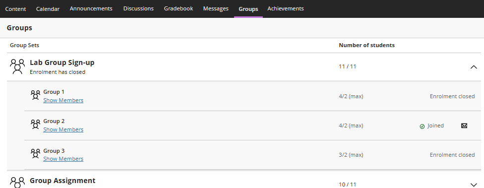 student group tab overview