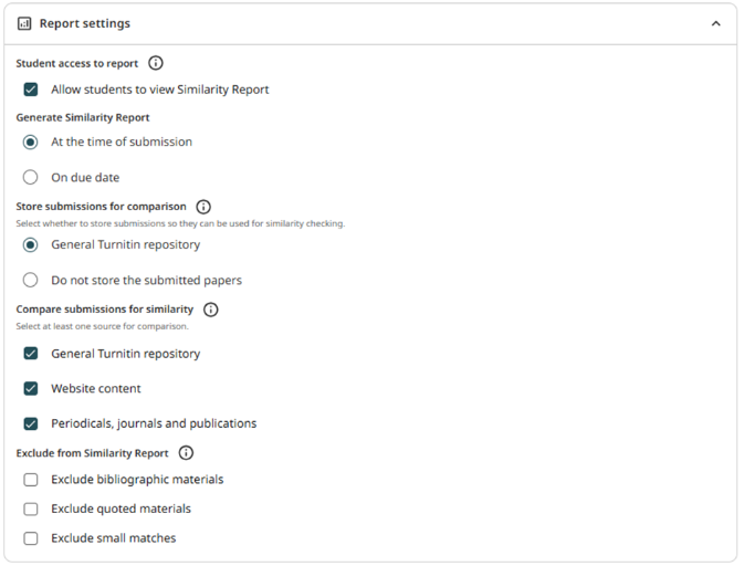 9 - Turnitin New Standard Assignment Report settings panel scrnshot