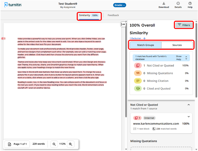 12 - New Standard Assignment Similarity report panel scrnshot