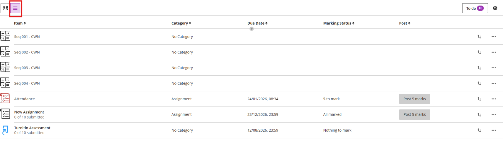 Gradebook screen 1
