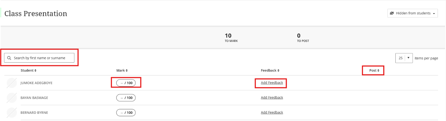 Marking Screen Gradebook