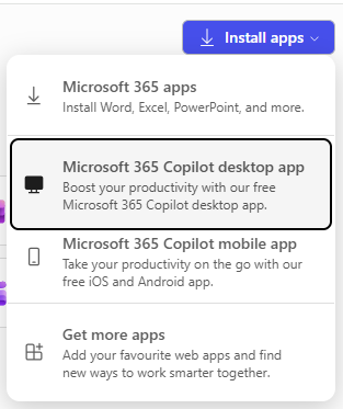 Install Copilot Desktop App Dropdown Menu