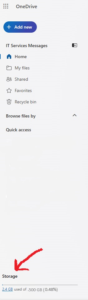 Image of OneDrive left side menu indicating storage