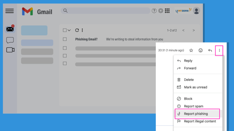 image of myzone inbox screen with a spotlight of menu