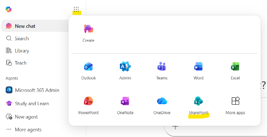 Screenshot of finding SharePoint via M365 landing page via app launcher