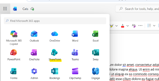 Screenshot of finding sharepoint via app launcher while logged into any M365 app