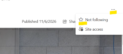 Screenshot of follow site command when hidden behind More options