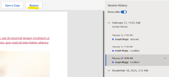 Screenshot of checking edits of different versions of a Word document in SharePoint