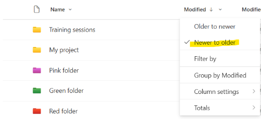 Screenshot of arranging files from newer to older on SharePoint