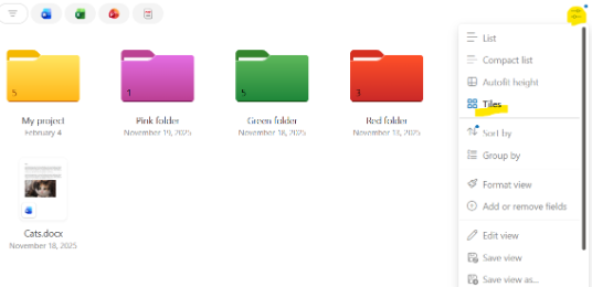 Screenshot of the tile view of documents and folders on SharePoint