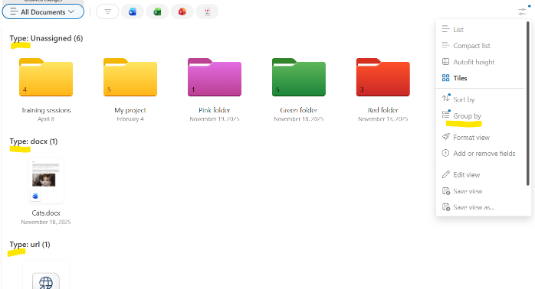 Screenshot of how to group your files in SharePoint by file type