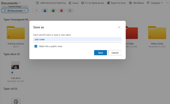 Screenshot of saving a new view in SharePoint - giving it a name