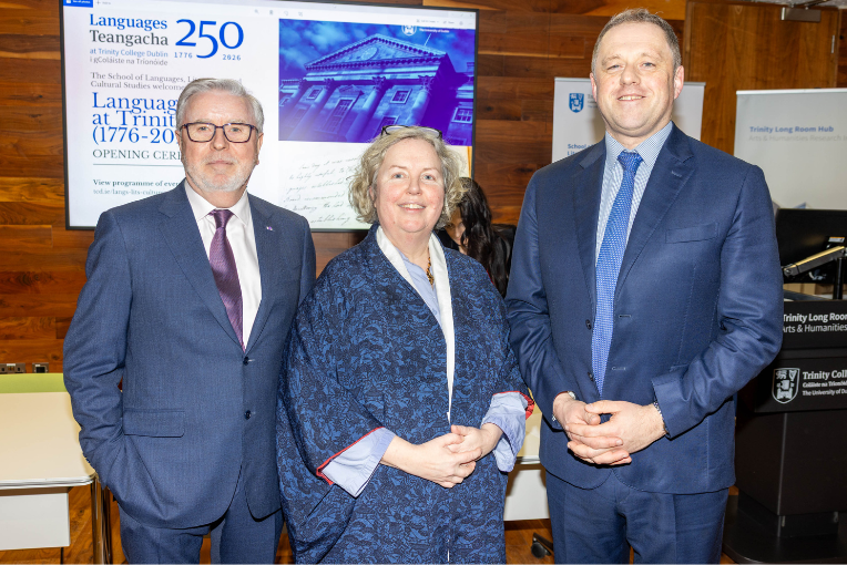 Pat Cox, Provost Dr Linda Doyle and Minister Thomas Byrne stand in a group at the Opening Ceremony for Languages 250 at Trinity.