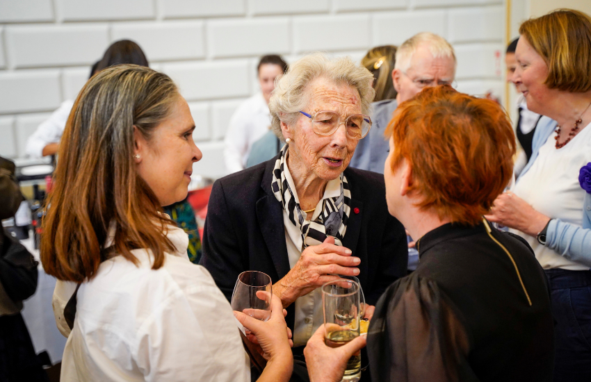 Eda Sagarra speaking to attendees at the Languages Alumni Summer Social.