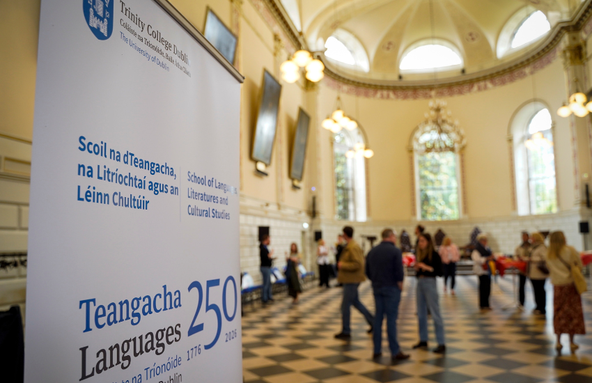 School of Languages, Literatures and Cultural Studies banner in the Exam Hall.