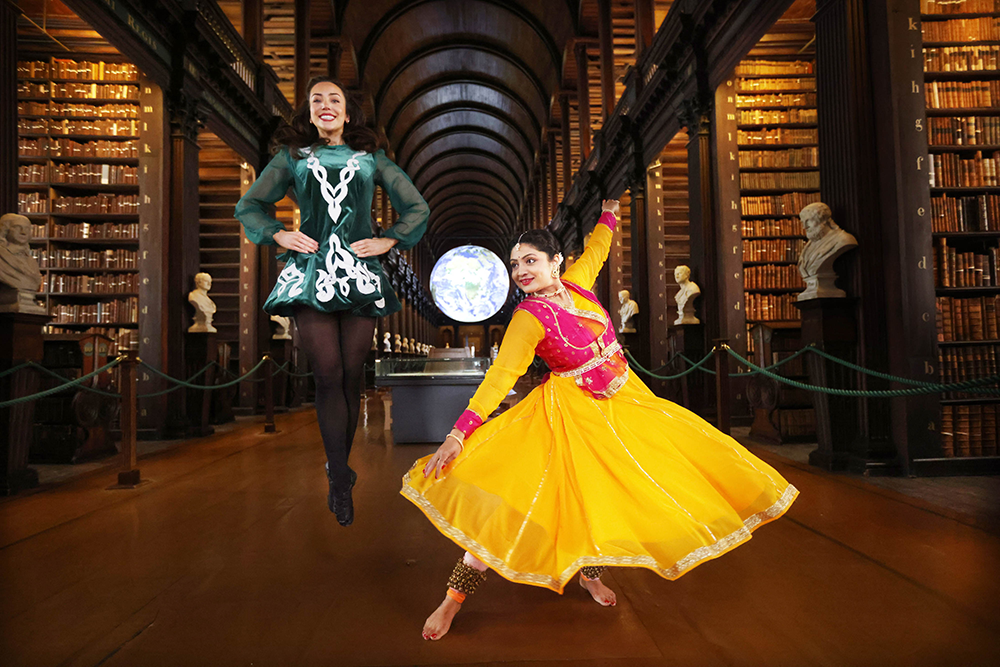 Adrianna Lynch and Nupoor Mathankar pictured at the Long Room in Trinity College Library, Dublin, at the launch of JLF Island of Ireland. Photographer: Leon Farrell / Photocall Ireland