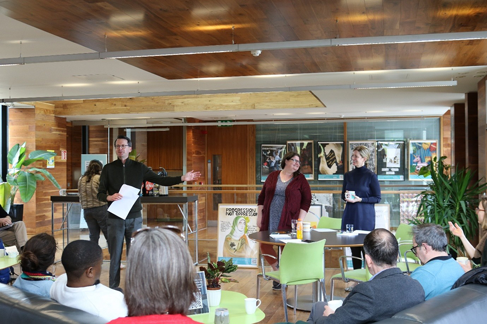 Patrick Geoghegan introducing Kelly A. Clancy and Christiana Zenner