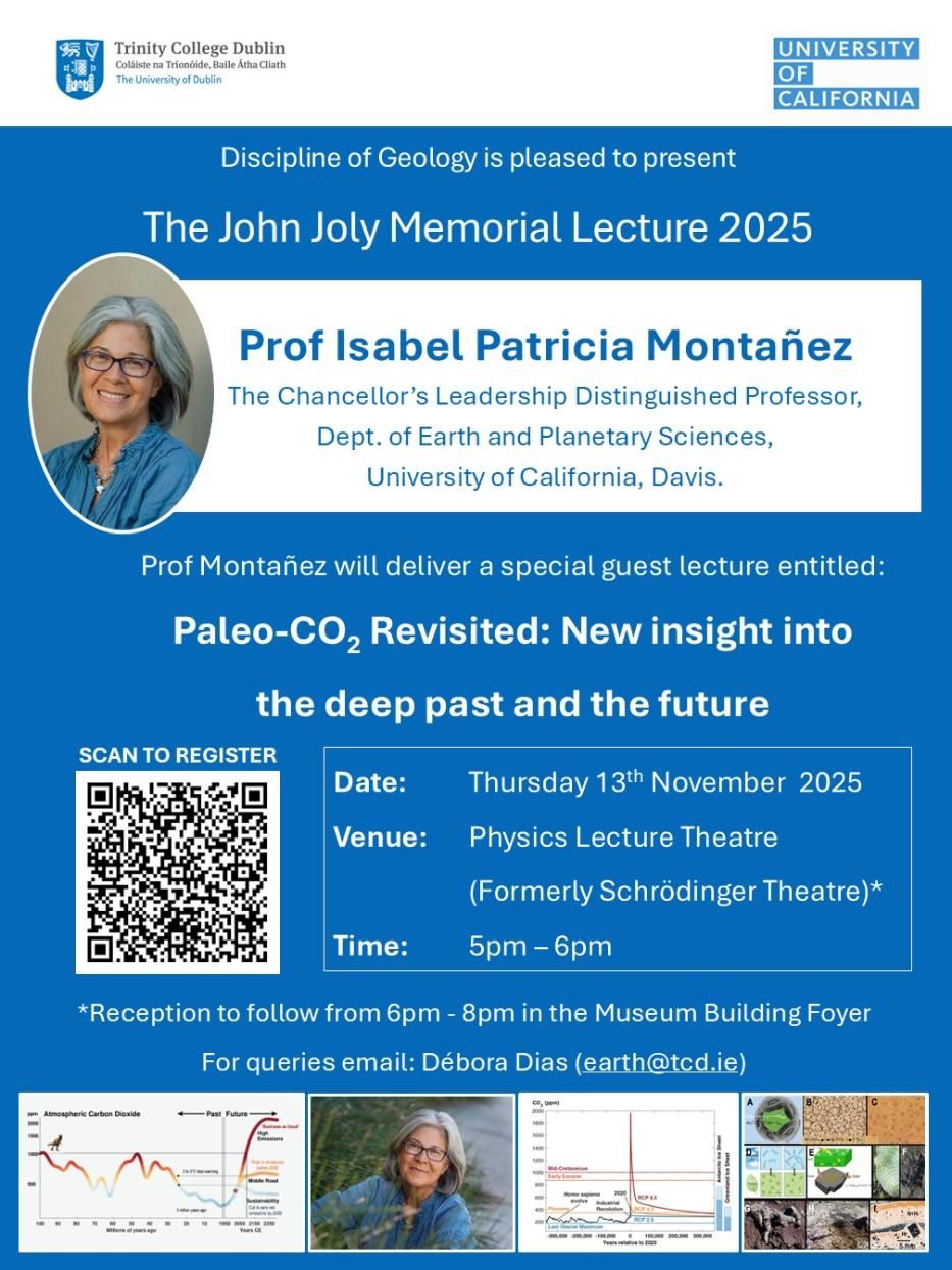 Poster for event with details of speakers, venue, time, date etc, Trinity blue background with text in blues and whites with white text boxes photo and QR code