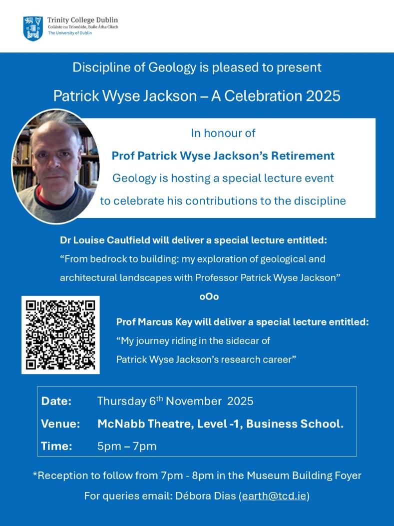 Poster for event with details of speakers, venue, time, date etc, Trinity blue background with text in blues and whites with white text boxes photo and QR code