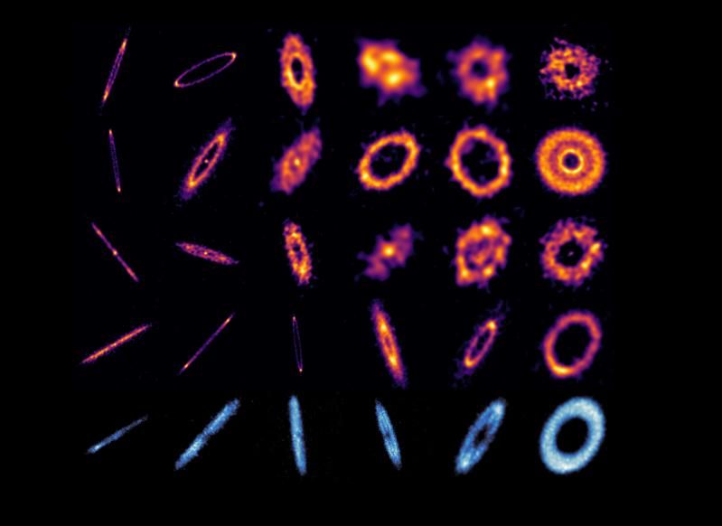 This ARKS gallery of faint debris disks reveals details about their shape: belts with multiple rings, wide smooth halos, sharp edges, and unexpected arcs and clumps, which hint at the presence of planets shaping these disks; and chemical make-up: the amber colours highlight the location and abundance of the dust in the 24 disks surveyed, while the blue their carbon monoxide gas location of dust.