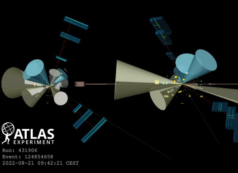 Candidates ttHH collision events in the single-lepton, multi-lepton (SSML) and di-photon (bbyy) final states. The cones represent reconstructed jets, with cyan cones indicating b-tagged jets associated with a candidate Higgs boson. ATLAS Experiment © 2026 CERN (License: CC-BY-4.0)