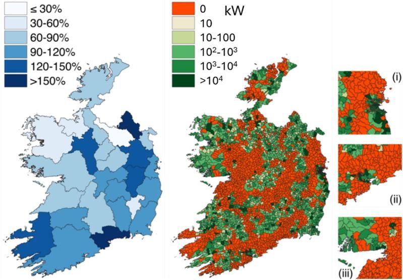 Change of new BEV registrations 2021-2024 (%) per county showing fastest growing regions. Right-  Available demand capacity from ESB availability capacity map with insets on Dublin (i), Cork (ii), and Galway (iii)