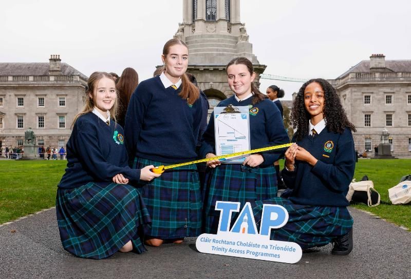 Secondary students from Colaiste Bride, Clondalkin, a TAP-supported school, in front of the campanile in Front Square.