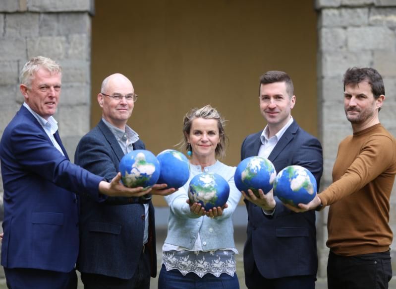 Medtech innovators, Declan Lacey MedFirst Supplies, Will Hogan Ecco Spray, Lisa O'Riordan HaPPE Earth, Conor Connolly Envetec, Oran Murphy Vanguard, all holding Earth spheres.