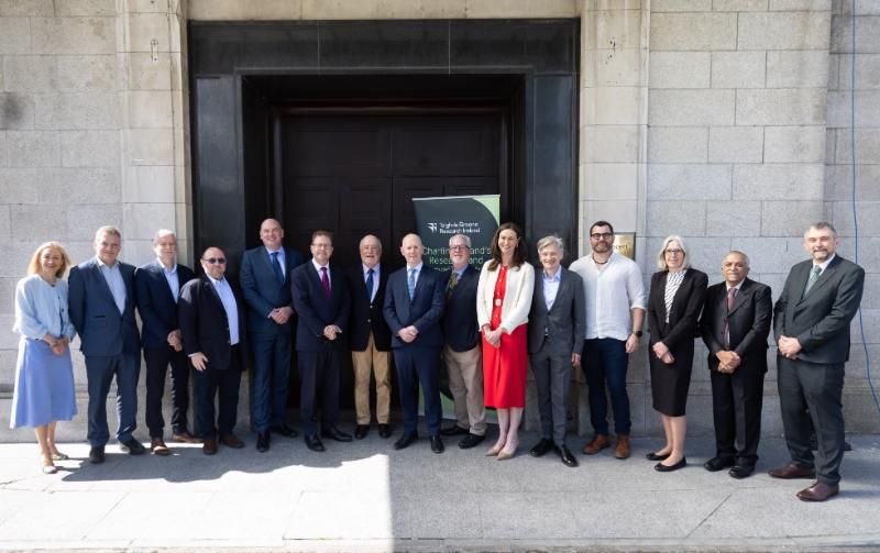 At the announcement of the seven new 'Rinn' research centres were: Left-right: Dr Ruth Freeman, Research Ireland; Dr Jimmy Murphy, Rinn Energy; Dr Terence O'Donnell, Rinn Energy; Prof. Sakis Mantalaris, Rinn Advanced Therapies; Prof. Noel O'Connor, Rinn Artificial Intelligence; James Lawless TD, Minister for Further and Higher Education, Research, Innovation and Science; Michael Horgan, Chairperso