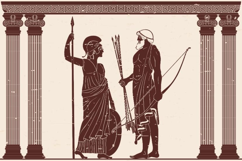 The hero of the ancient Greek myths Athena Pallada and Odysseus. Warriors with a weapon in the temple between the columns.