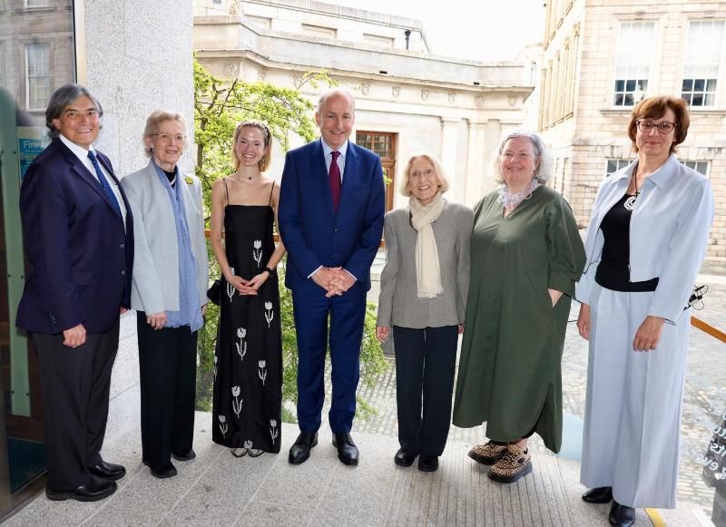Left to Right: Christopher G Oeschli, former President and CEO, Atlantic Philanthropies; Mary Robinson, former President of Ireland; Juno Gerolmo-Feeney; Micheál Martin, Taoiseach; Helga Feeney; Dr Linda Doyle, Provost, Trinity College Dublin; Prof. Iracema Leroi, GBHI Site Director, Trinity. Photo credit: Paul Sharp photography.