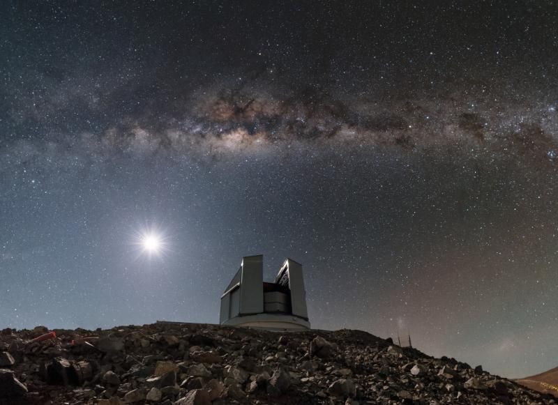 here is the Visible and Infrared Survey Telescope for Astronomy (VISTA), situated at the Paranal Observatory. Perched atop a mountain adjacent to Cerro Paranal, the hom e of the flagship Very Large Telescope (VLT), VISTA is the largest telescope in the world designed to survey the sky in near - infrared light (just beyond that visible to humans).