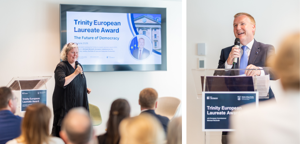 Rectangle gallery of two images. One features Linda speaking at the event with the audience blurred in the foreground. Behind her, a screen displays a slide reading Trinity European Laureate Award. The second photo is a close up shot of the Commissioner standing at the lectern during his speech.