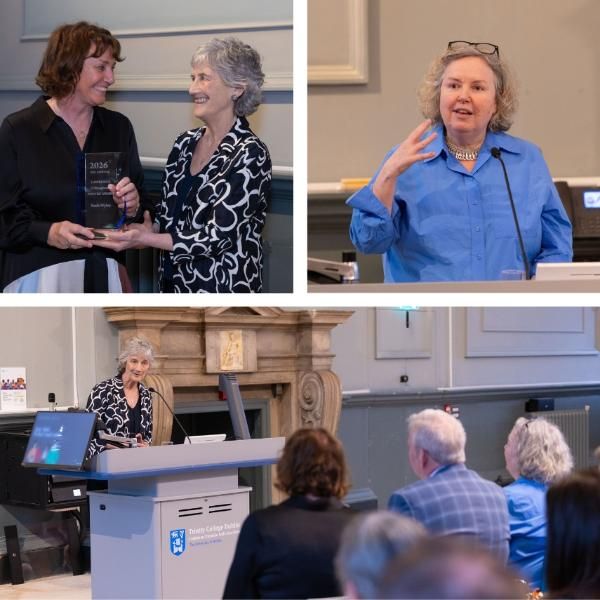 Gallery of three photos with photos from the OShaughnessy Awards, including photos of both Linda and President Connolly during their speeches, and a photo of President Connolly presenting the glass Award to Enda Wyley.