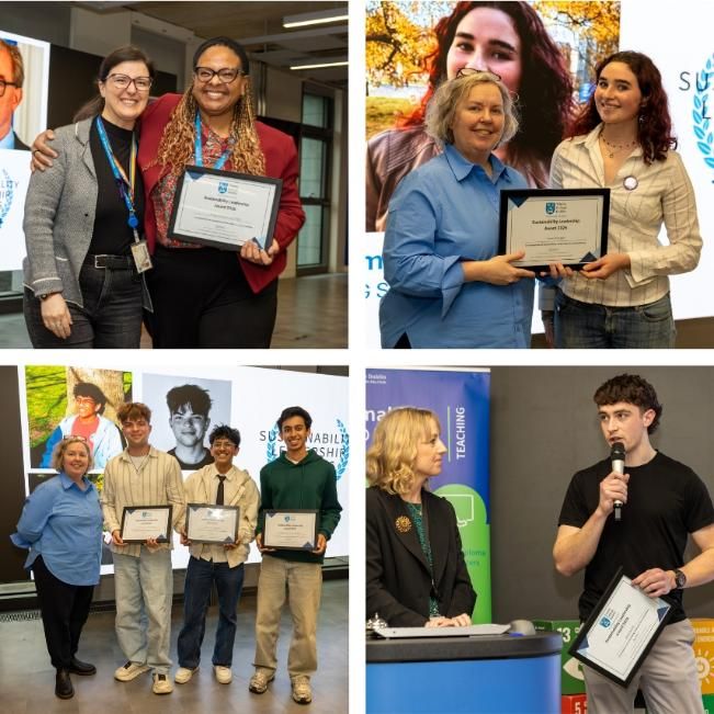 A gallery of four square photos showing the various winners of Sustainability Leadership Awards. Linda features in two of the photos, smiling with awardees holding certificates. Two awardees smile for the camera in another photo, and in another, an awardee makes a speech to the audience who is out of frame.