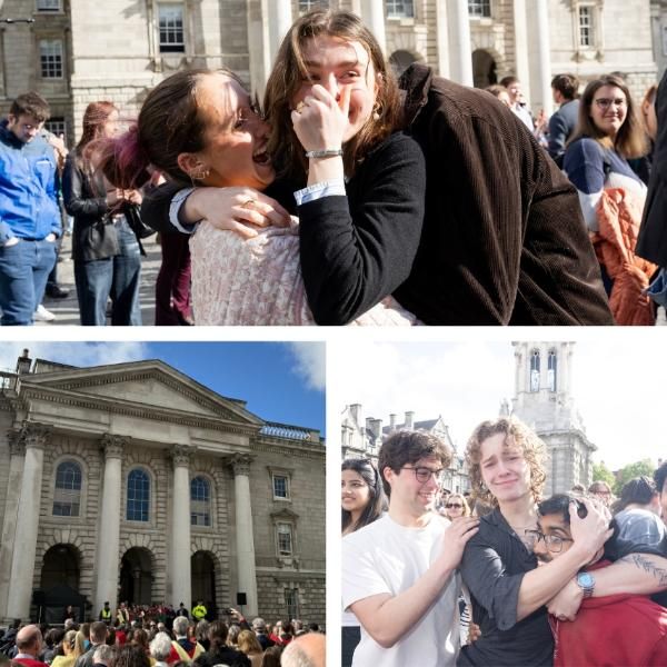 Gallery of four images, all depicting scenes of celebration as new Scholars are announced by the Provost on the steps of the Public Theatre. The new Scholars are crying tears of joy while being hugged by their friends.