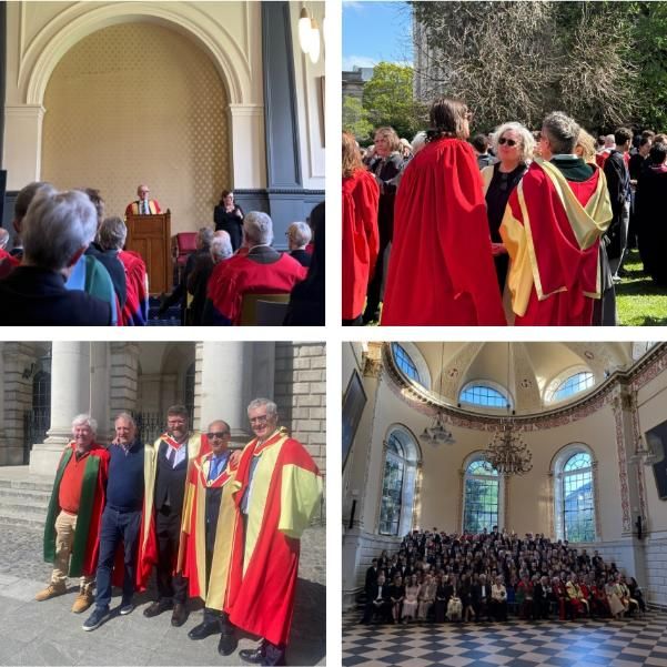 Four images: one depicts Prof. Michael Cronin as he gives his Memorial Discourse address in the GMB; The second features Linda chatting with new Fellows at the At Home event, all wearing academic robes; the victorious Fellows feature in the 3rd photo after their marbles game win on the steps of the College Chapel; and the final image the large group photo in the Public Theatre.