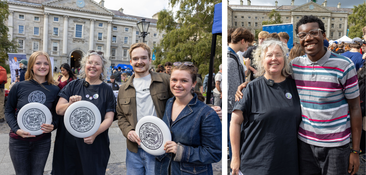Gallery of two images featuring Linda with three students from the Ultimate Frisbee club. They are holding frisbees with the Trinity logo. The other image features Linda smiling with a student while the busy fair is on in the background.