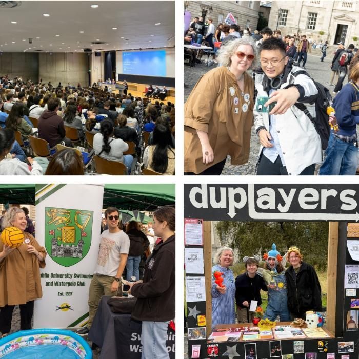 Gallery of 4 photos: photo 1 is taken from the back of a full Ed Burke Theatre while students listen to Linda's welcome address; in photo 2, a student takes a selfie with Linda at Freshers' Fair; in photo 3, Linda chats with members of Trinity's Water polo club; in photo 4, Linda stands for a photo with members of the DU Players.