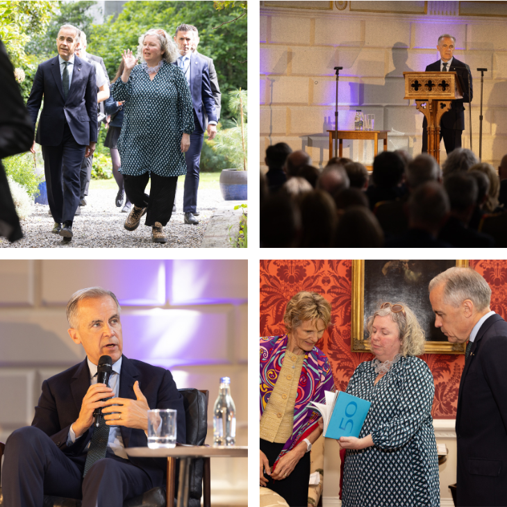 A gallery of four square images from Mark Carney's visit to Trinity. One features Linda and Mark Carney walking on a gravel path; two images feature Mark Carney speaking in the Public Theatre; and one features Linda presenting Mark Carney and his wife, Diana, of a copy of 'Trinity in 50'.